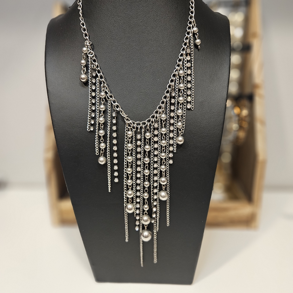 Silver Statement Necklace Beaded Rhinestone Ball Chain Fringe Women's Jewelry